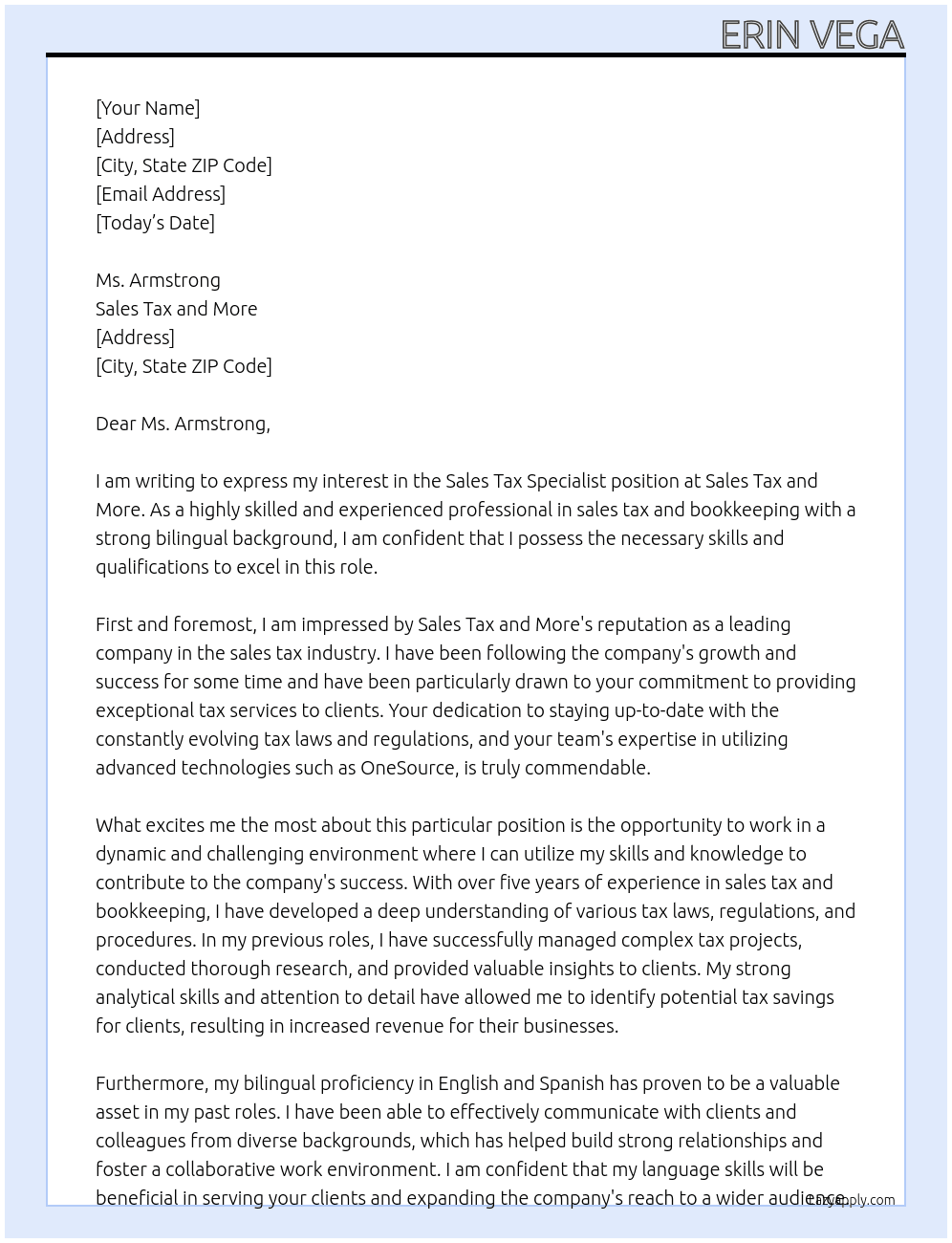 Sales Tax Specialist At Sales Tax and More Cover Letter