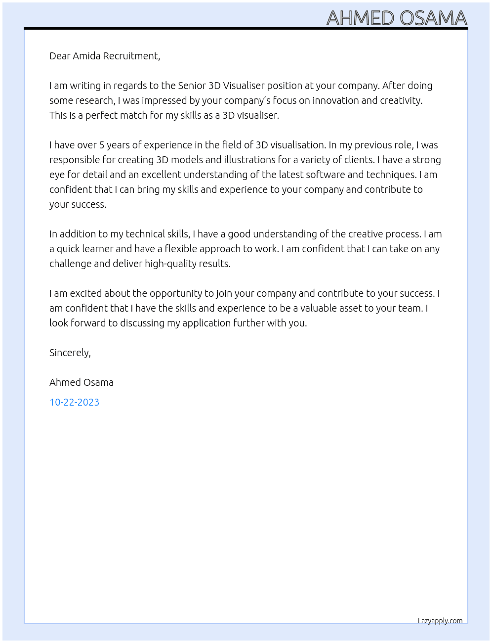 Senior 3D Visualiser At Amida Recruitment Cover Letter