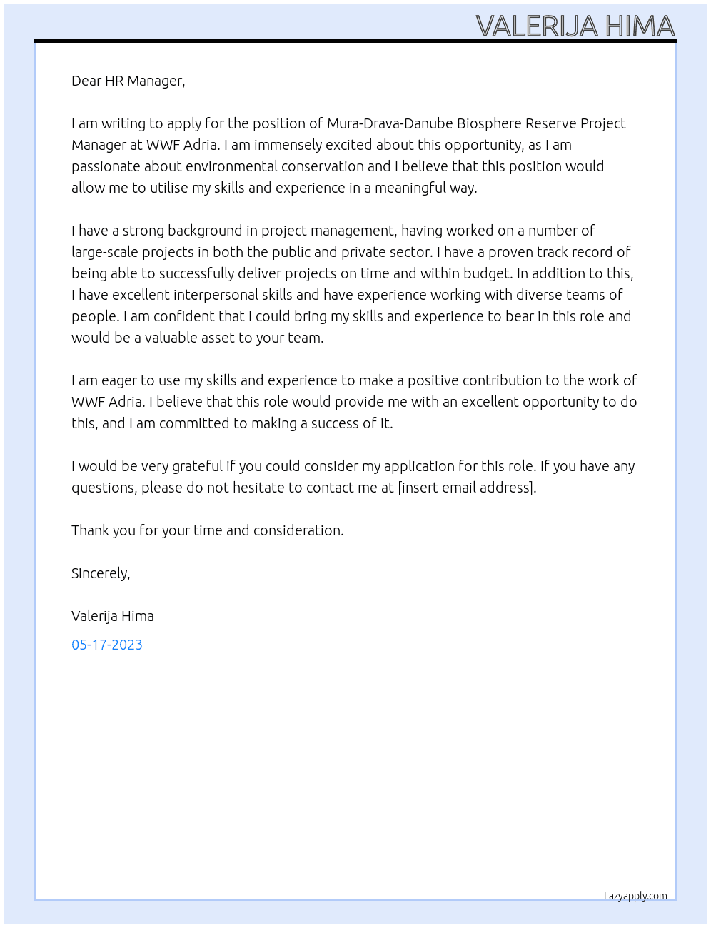 Mura-Drava-Danube Biosphere Reserve Project Manager  At WWF Adria Cover Letter