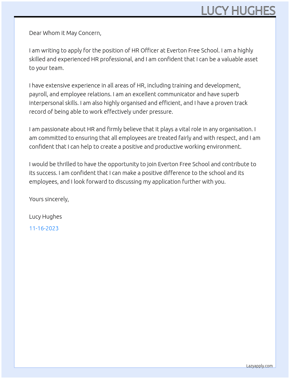 HR Officer At Everton Free School Cover Letter