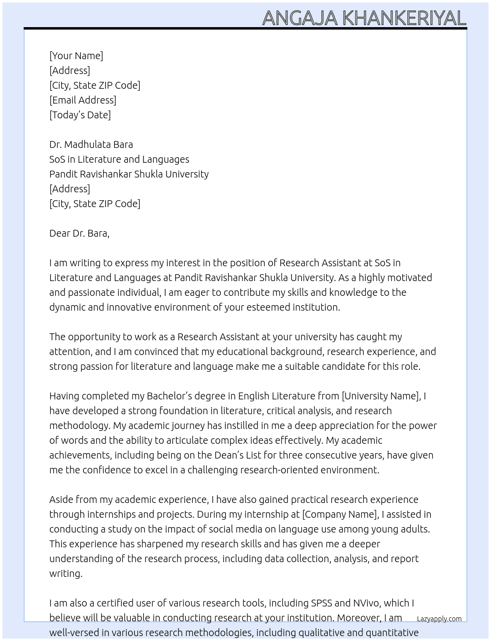 Research Assistant At SoS in Literature and Languages, Pandit Ravishankar Shukla University Cover Letter