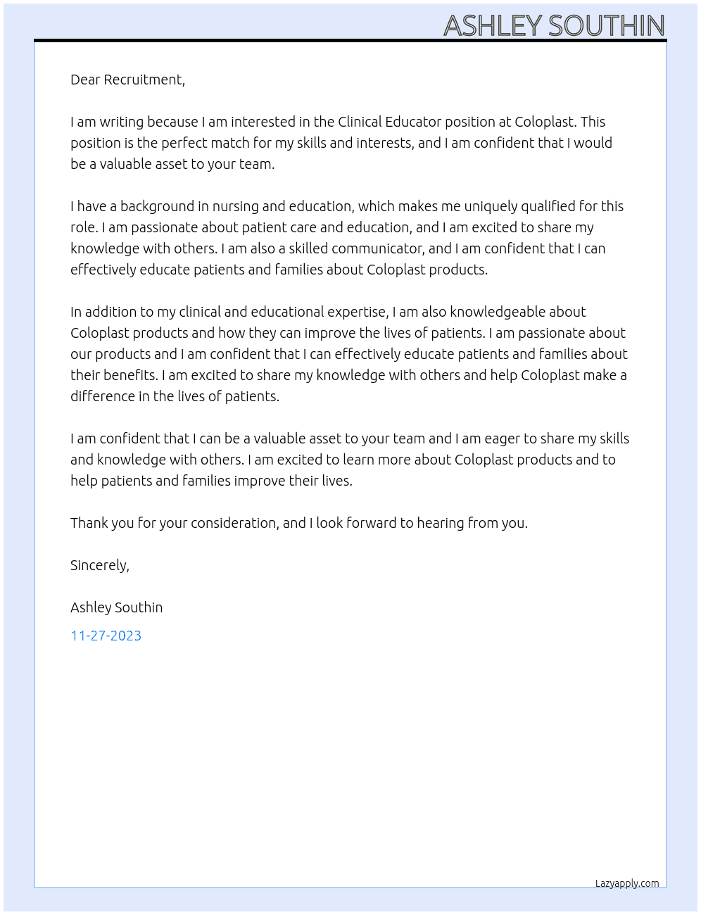 Clinical Educator At Coloplast Cover Letter