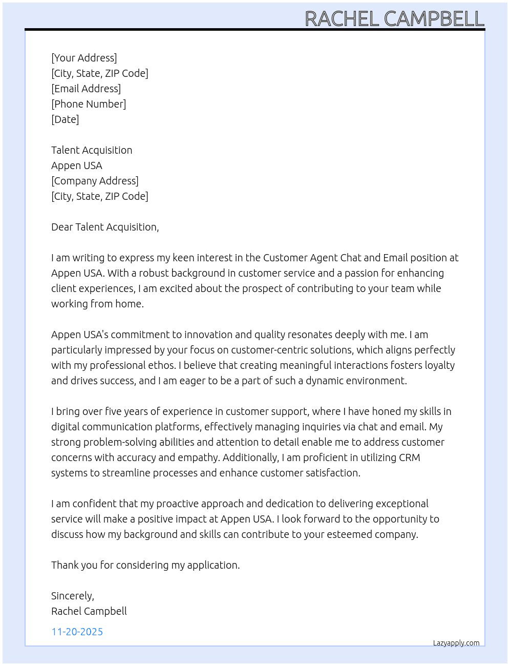 Cover letter for customer agent chat email wfh - LazyApply