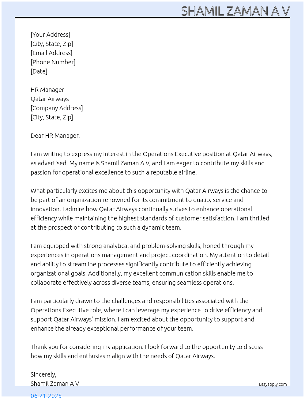 Operations executive At Qatar Airways Cover Letter