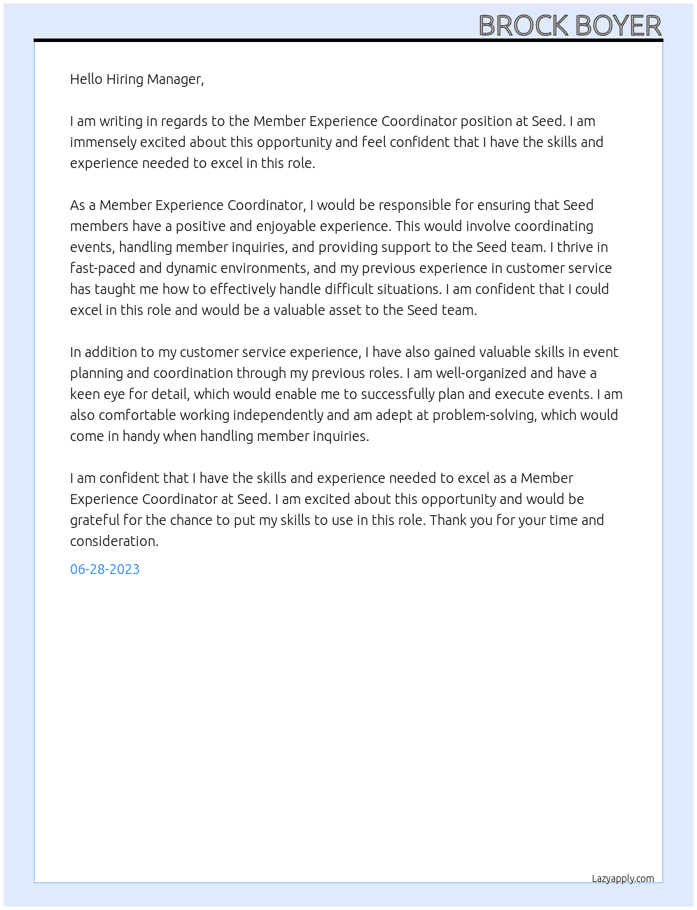 Member Experience Coordinator At Seed Cover Letter
