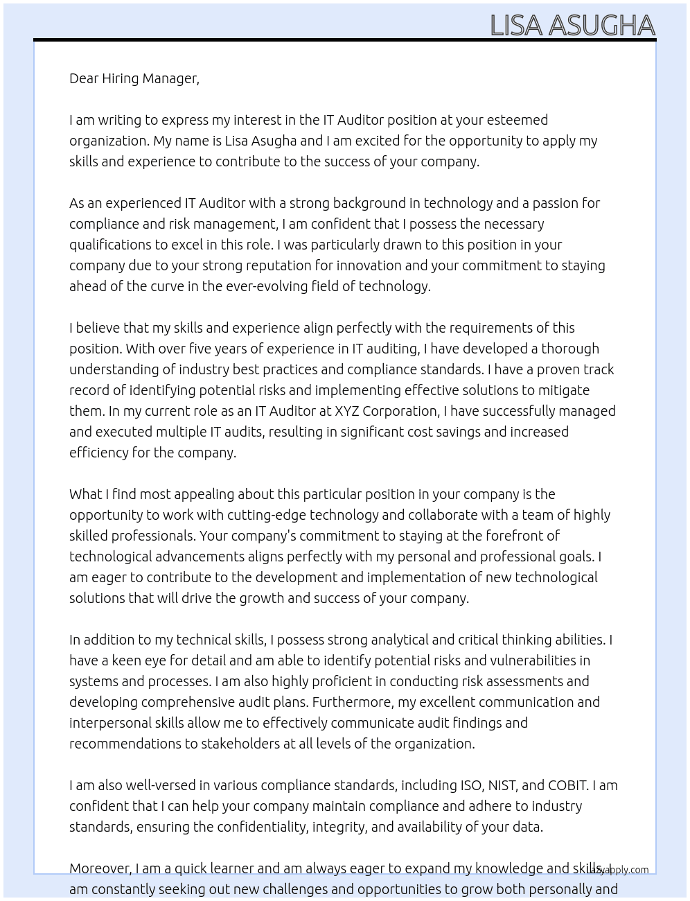 IT Auditor At none Cover Letter