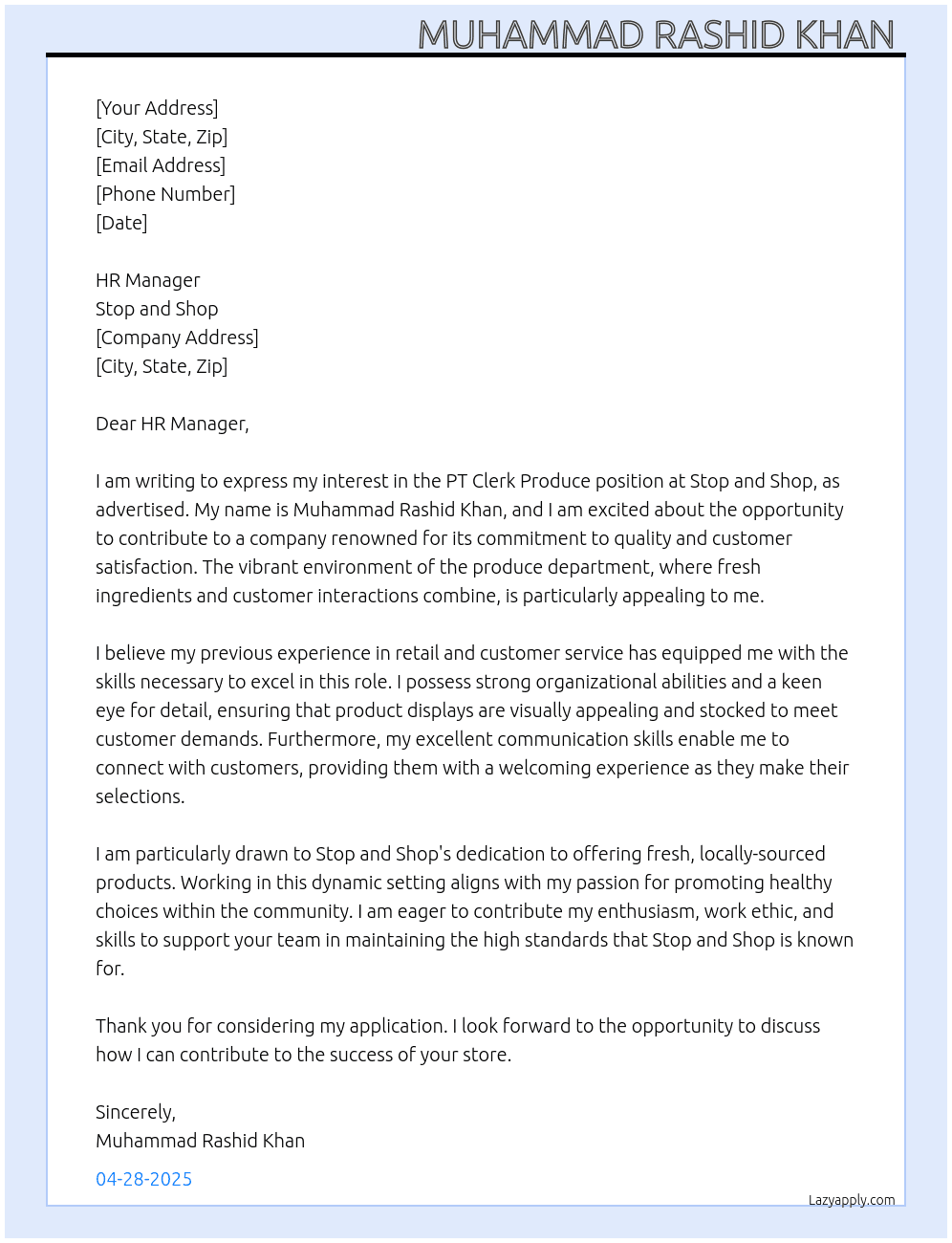 PT Clerk Produce At Stop and shop Cover Letter