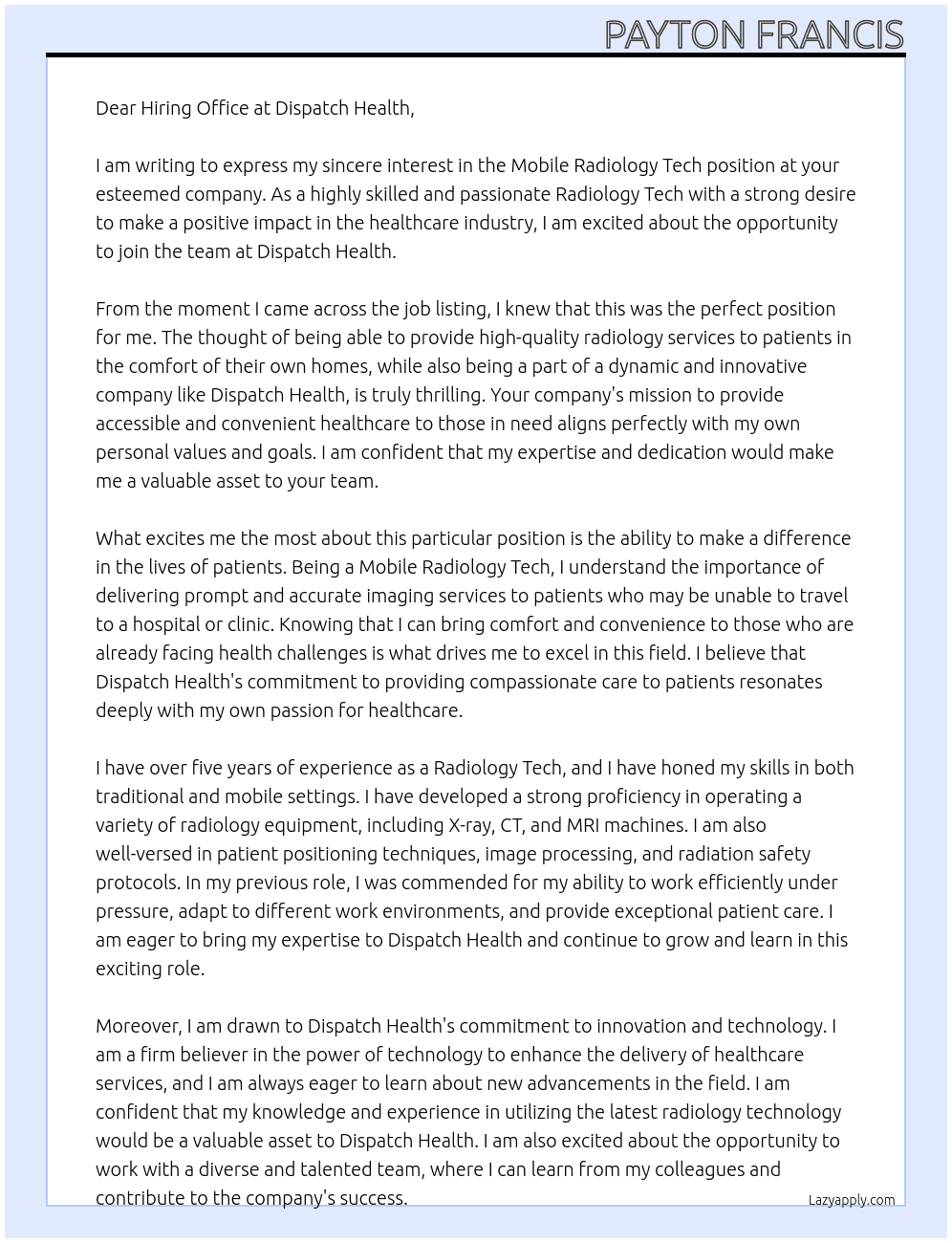 Mobile Radiology Tech At Dispatch Health Cover Letter