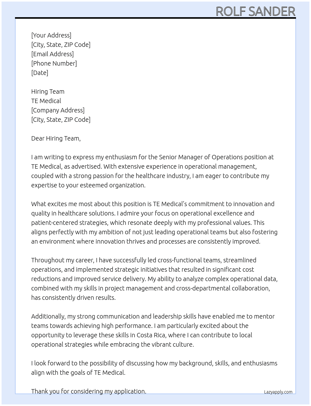 Senior Manager of Operations At TE Medical Cover Letter