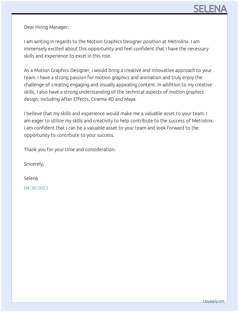Motion Graphics Designer At Metrolinx Cover Letter