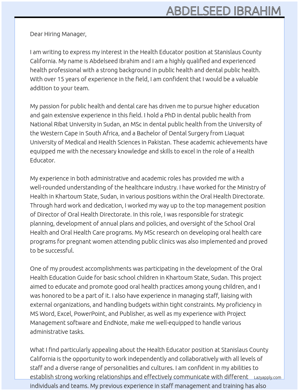 Health Educator  At Stanislaus County California  Cover Letter