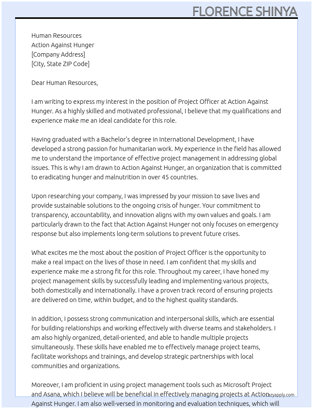 Project Officer At Action Against Hunger Cover Letter
