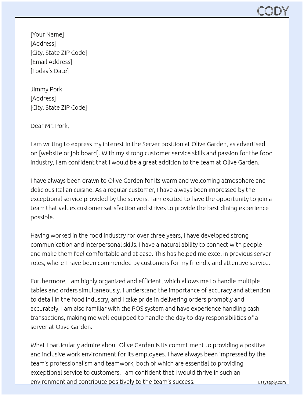 Server At Olive Garden Cover Letter