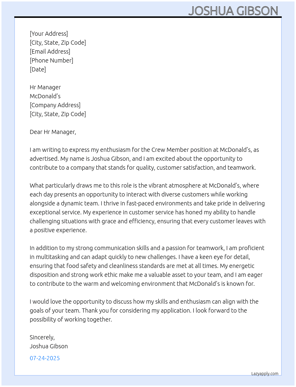 Crew member At McDonald  Cover Letter