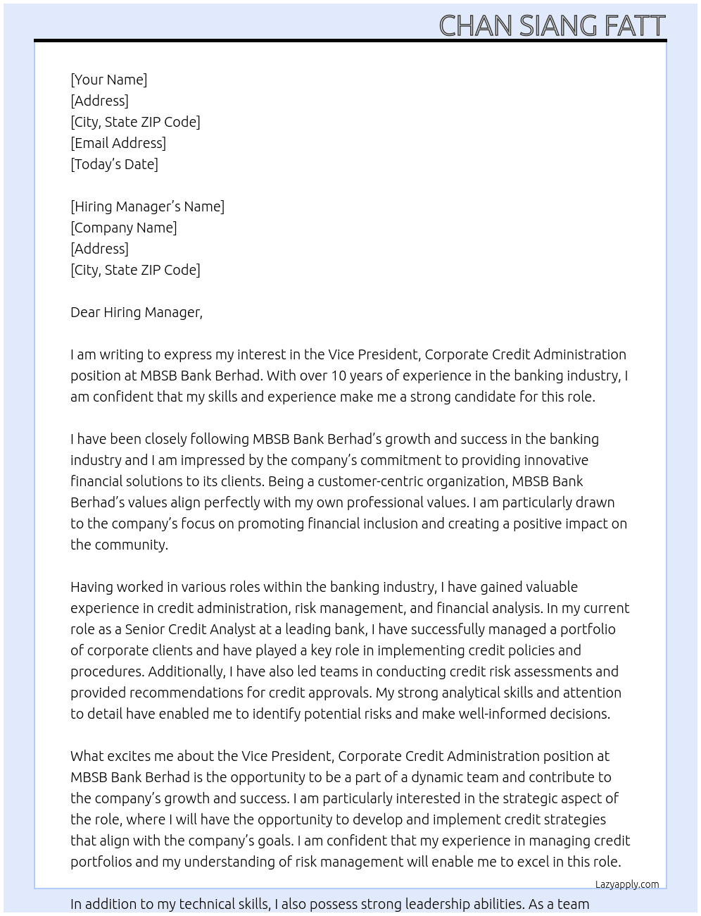Vice President, Corporate Credit Administration At MBSB BANK BERHAD Cover Letter