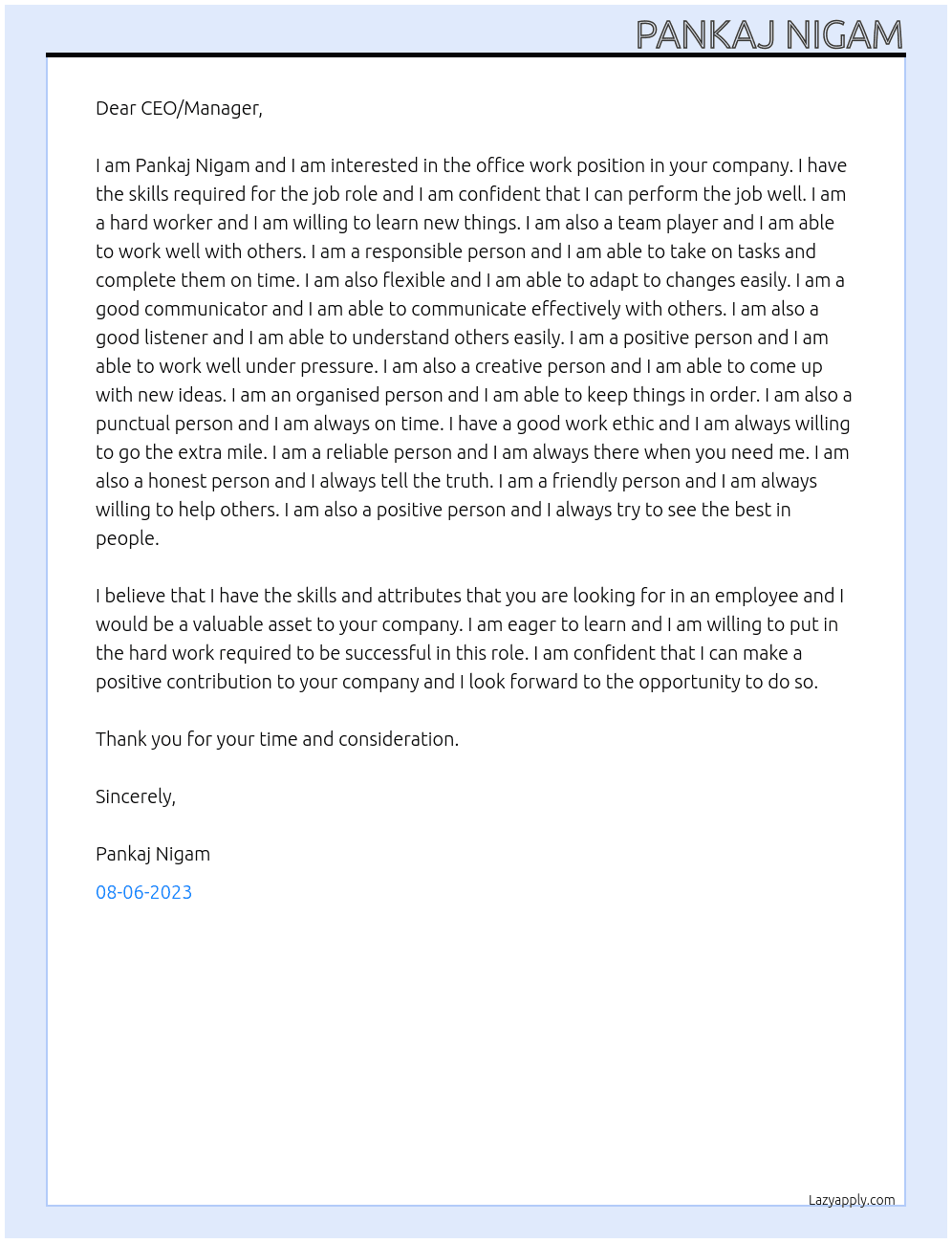 Office Work At All Company Cover Letter
