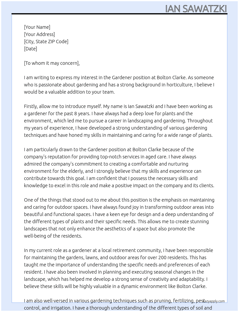 Gardener At Bolton Clarke  Cover Letter