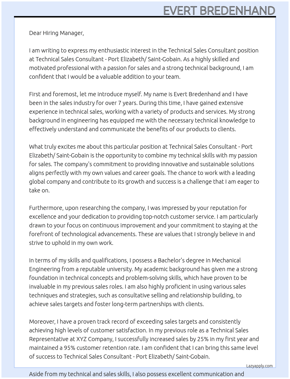 Technical Sales Consultant  At Technical Sales Consultant - Port Elizabeth/ Saint-Gobain Cover Letter