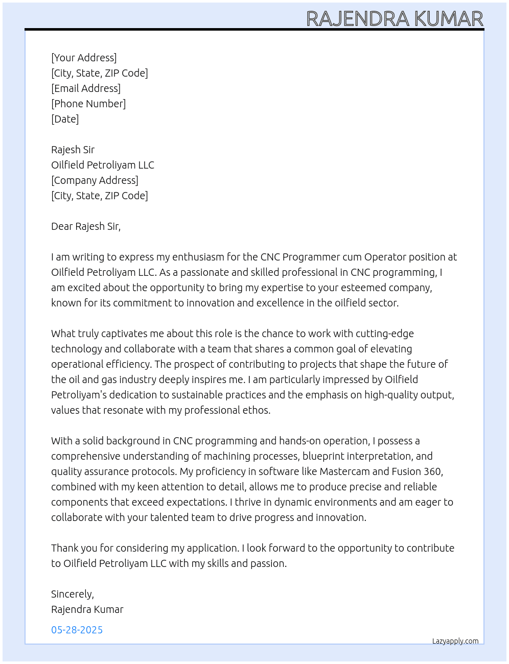 cnc programmer cum operator At oilfield petroliyam llc Cover Letter