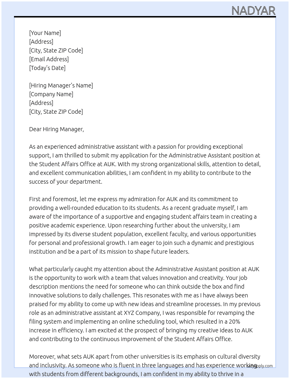 Administrative Assistant at the Student Affairs Office At AUK Cover Letter