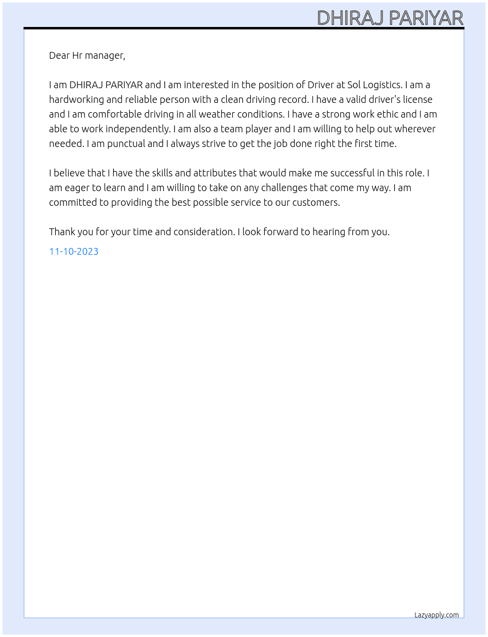 Driver  At Sol Logistics  Cover Letter