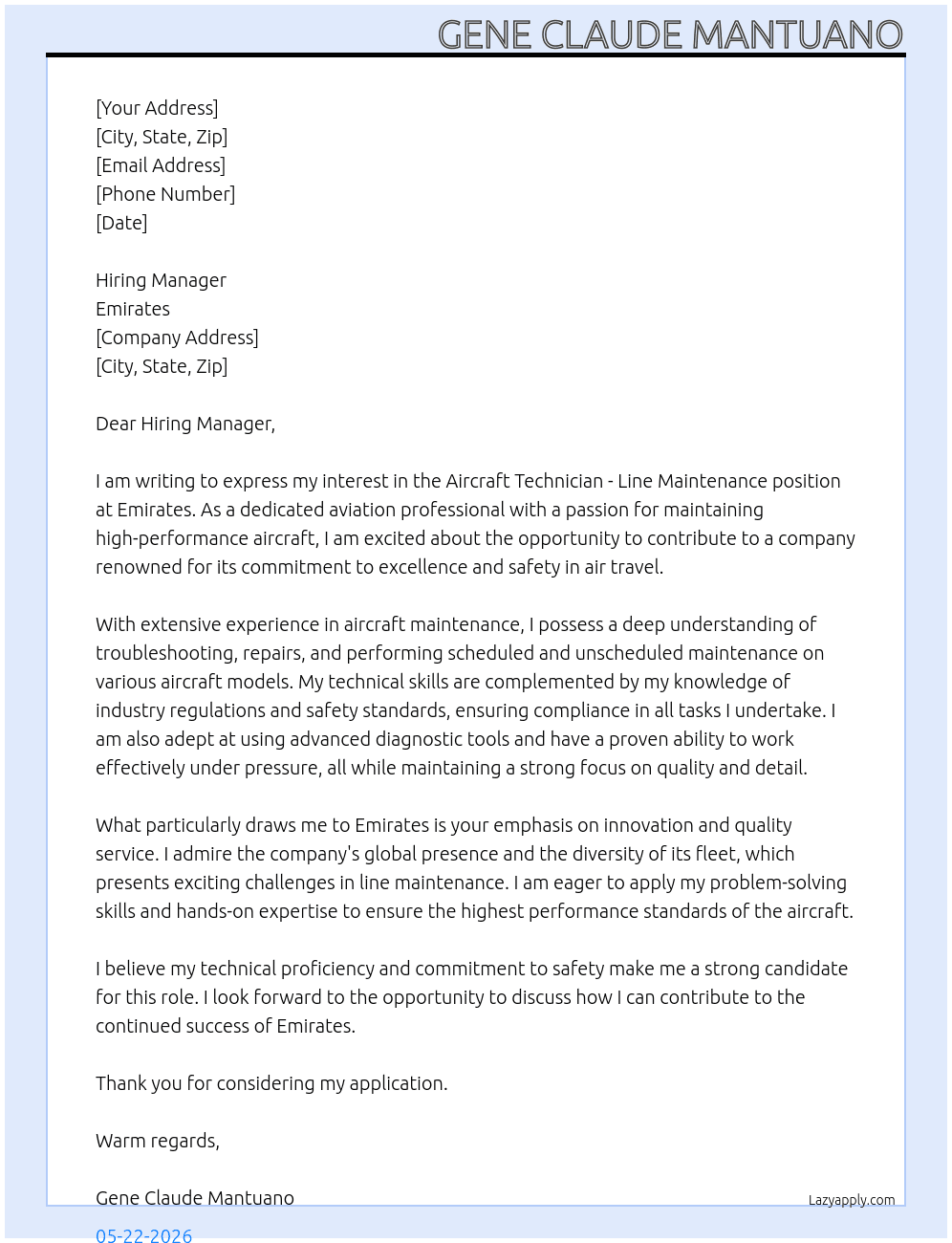 Aircraft Technician - Line Maintenance At Emirates Cover Letter