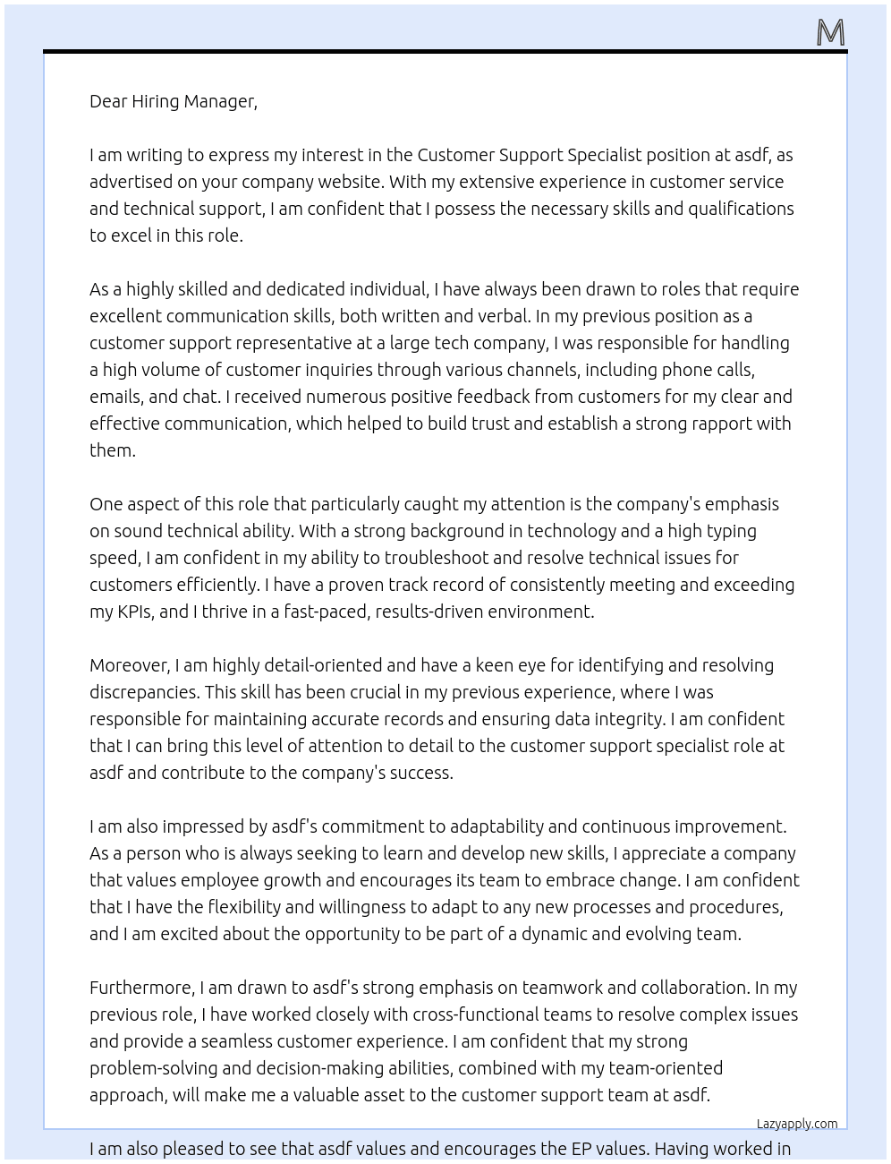 customer support specialist At asdf Cover Letter