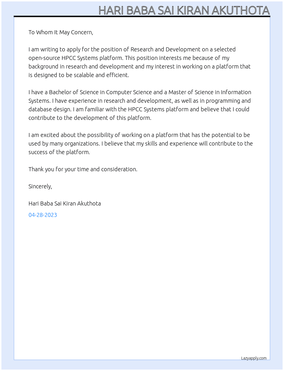 Research and development on a selected open-source HPCC Systems platform At GRA Cover Letter