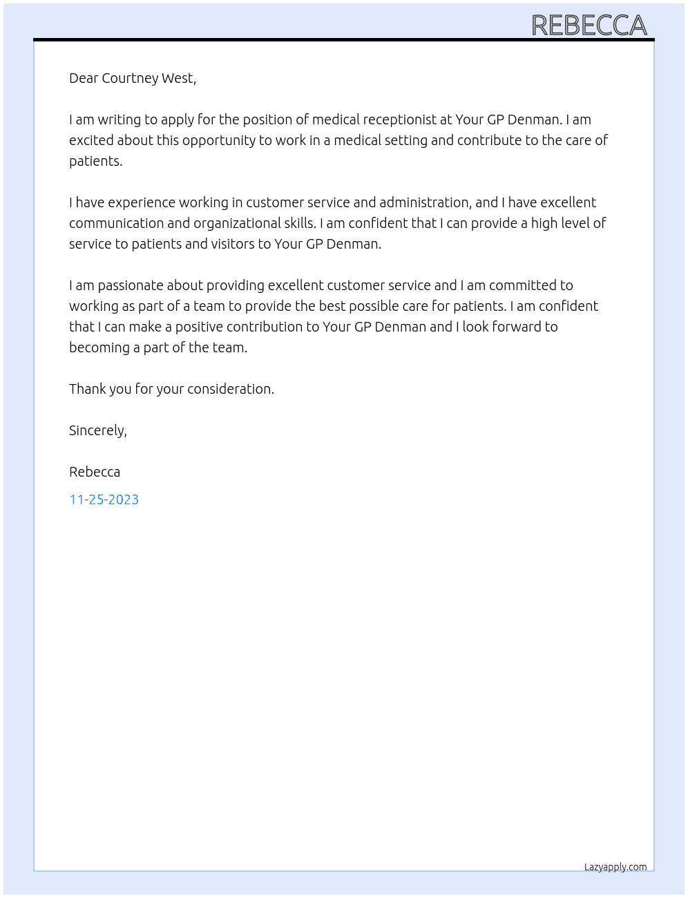 Medical receptionist  At Your GP Denman Cover Letter