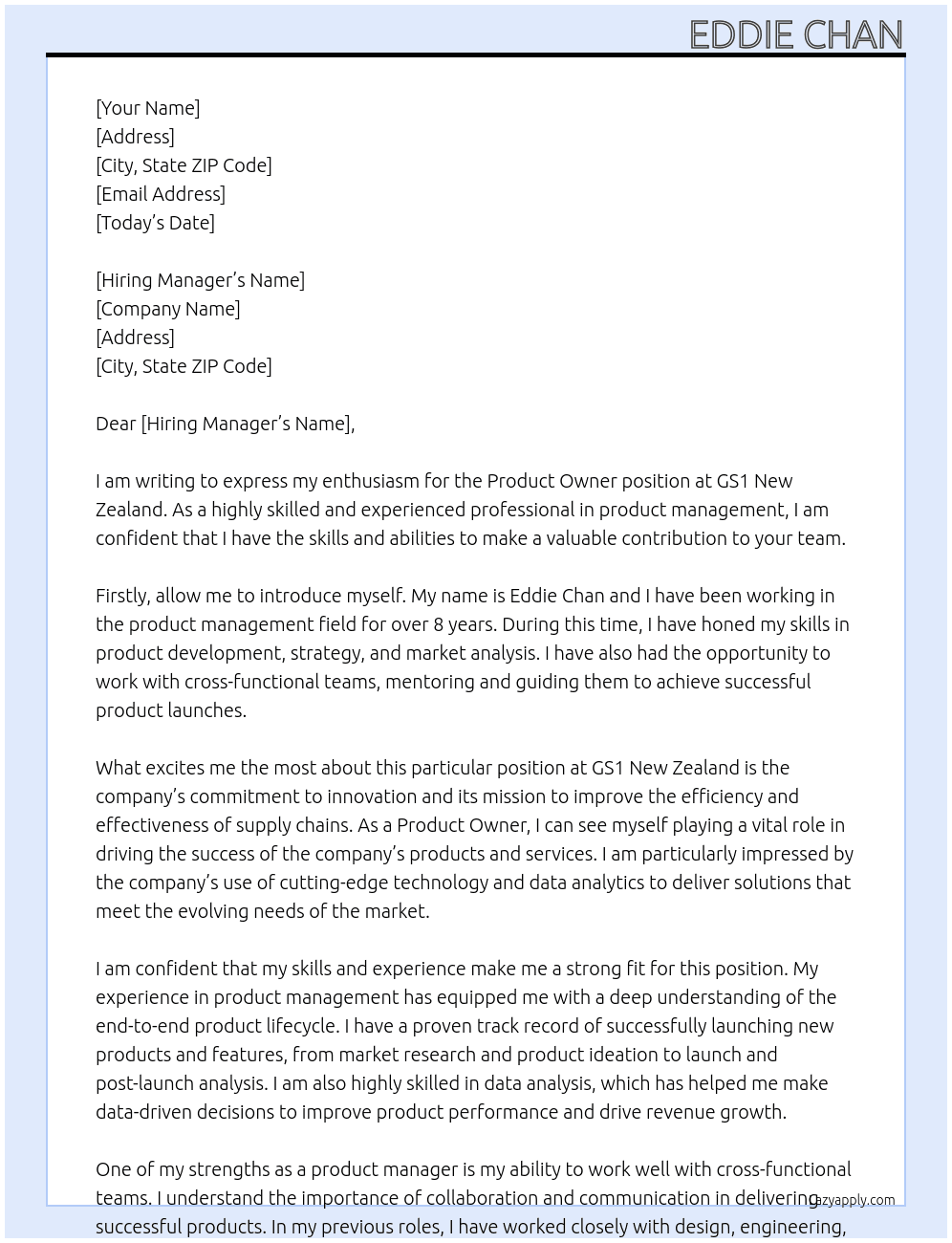 Product Owner At GS1 New Zealand Cover Letter