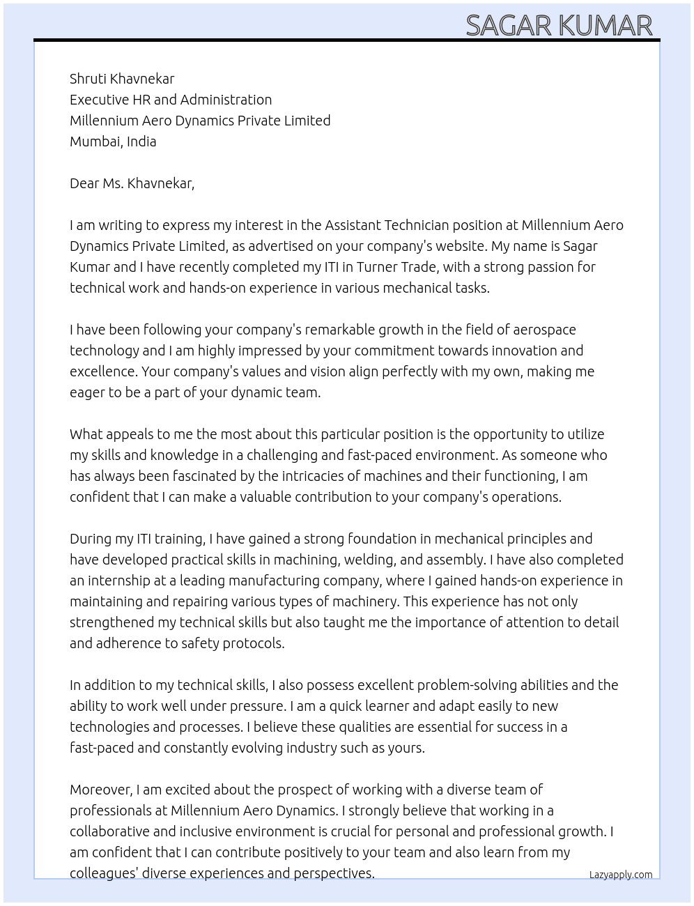 Cover letter for assistant technician - LazyApply