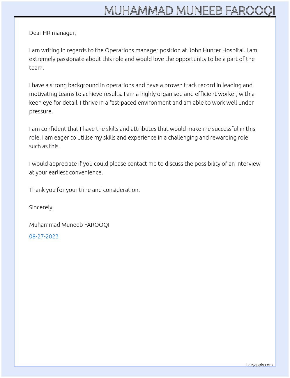 Operations manager  At John Hunter Hospital  Cover Letter