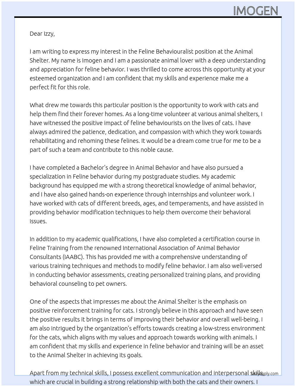 Feline behaviouralist  At Animal shelter Cover Letter