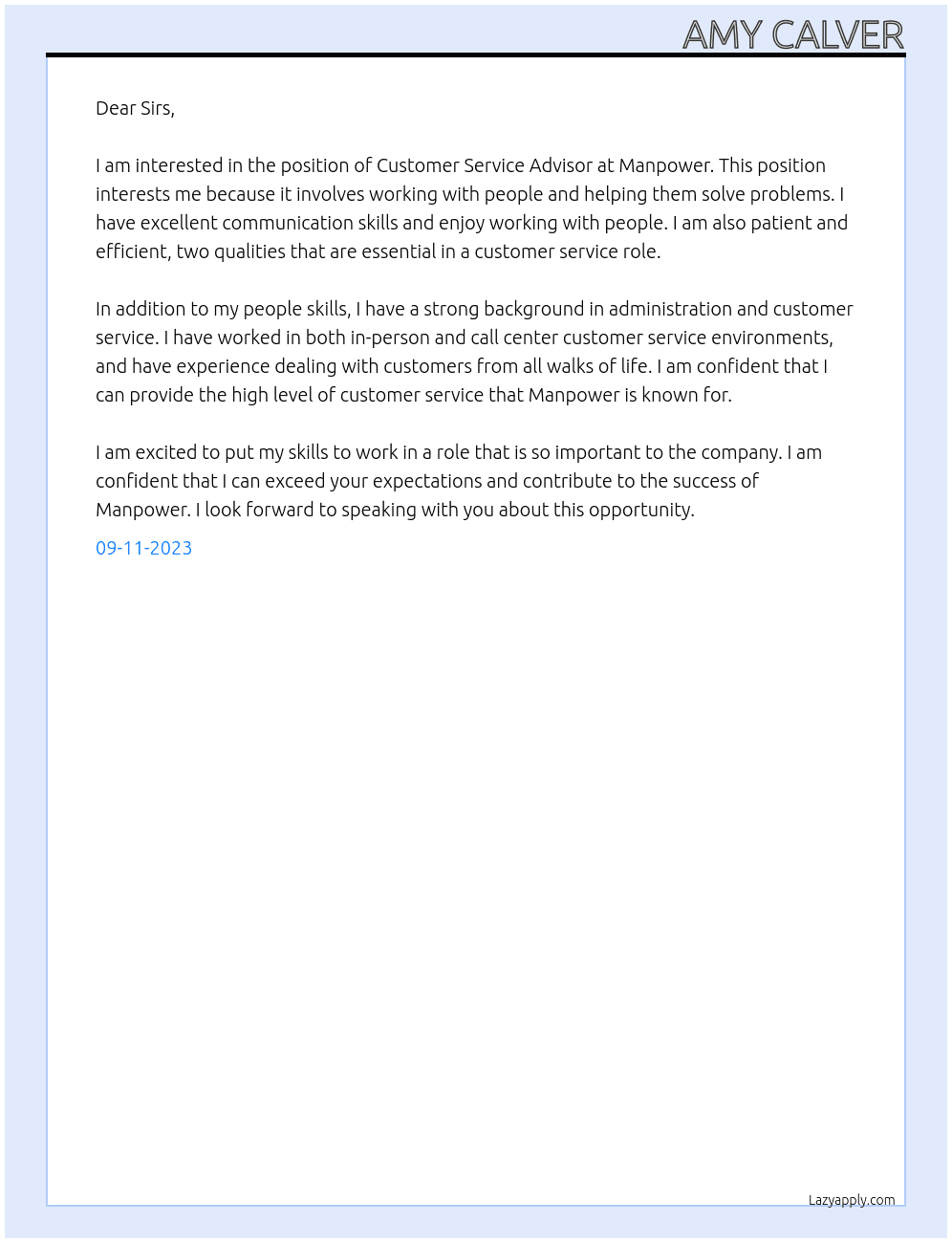 Customer Service Advisor At Manpower Cover Letter
