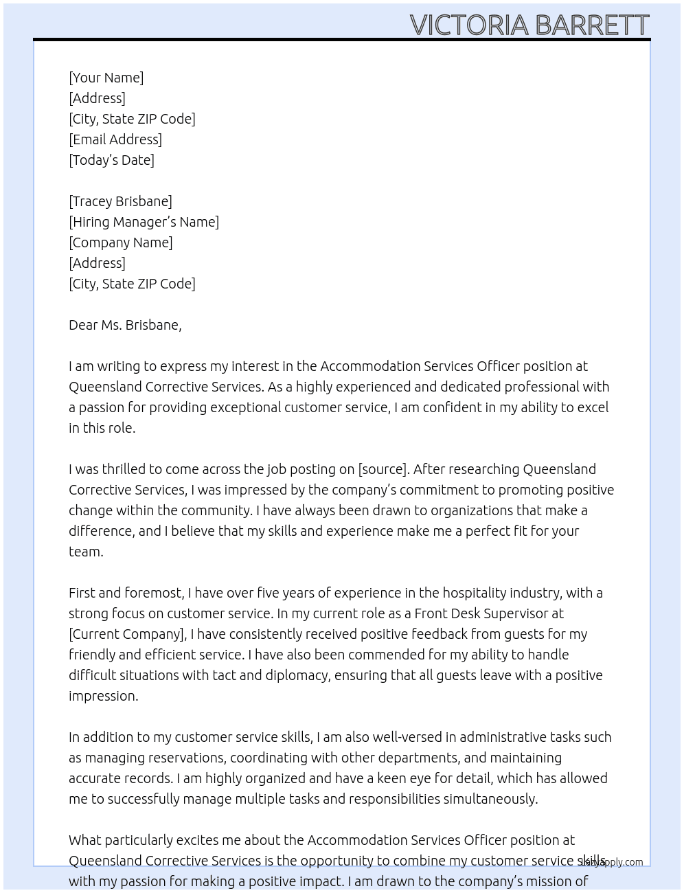Accommodation  SErvices Officer At Queensland Corrective Services Cover Letter