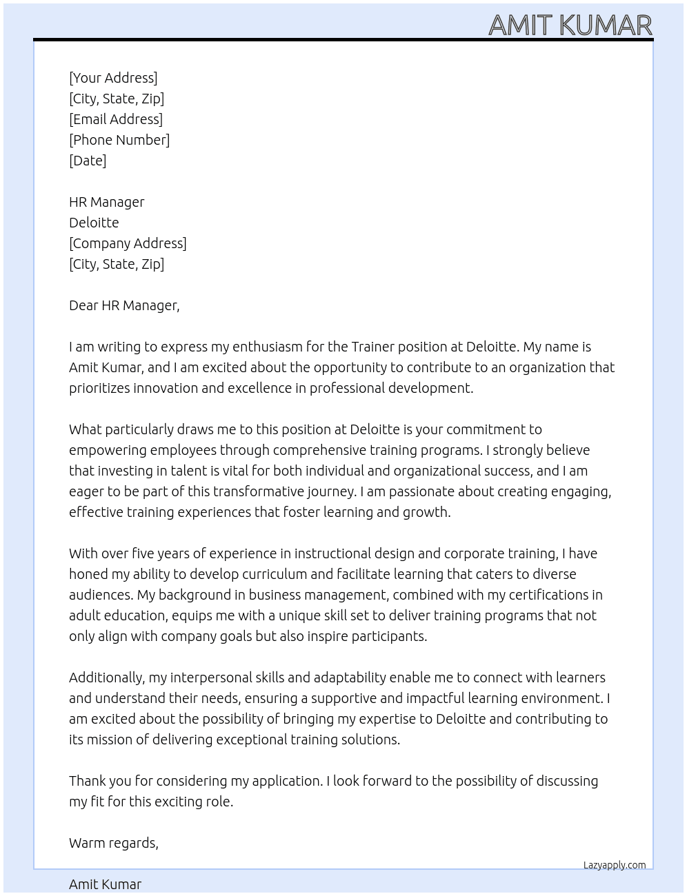 Trainer At Delloite  Cover Letter