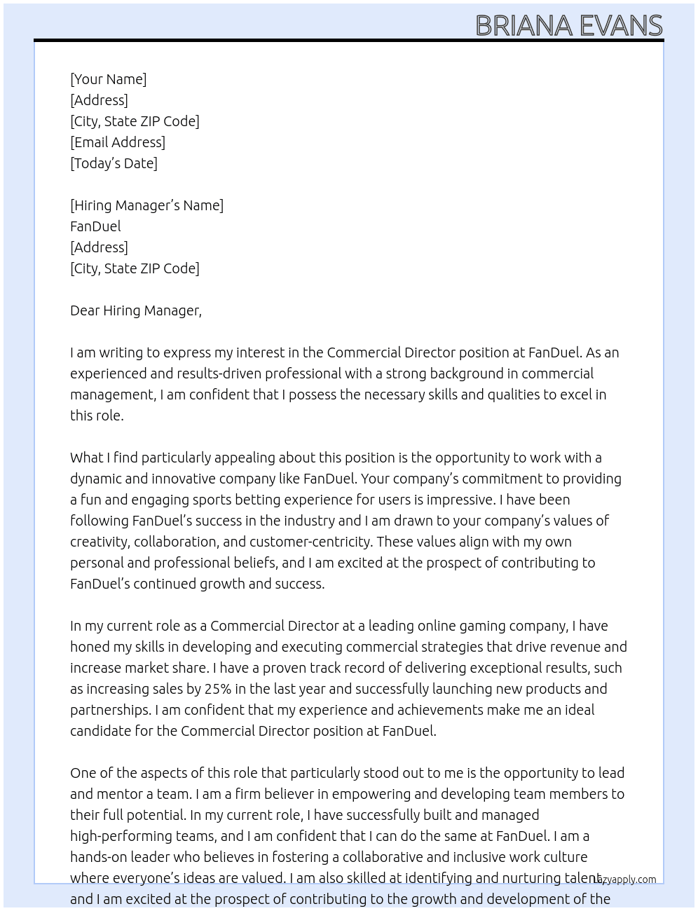 Commercial Director At FanDuel Cover Letter