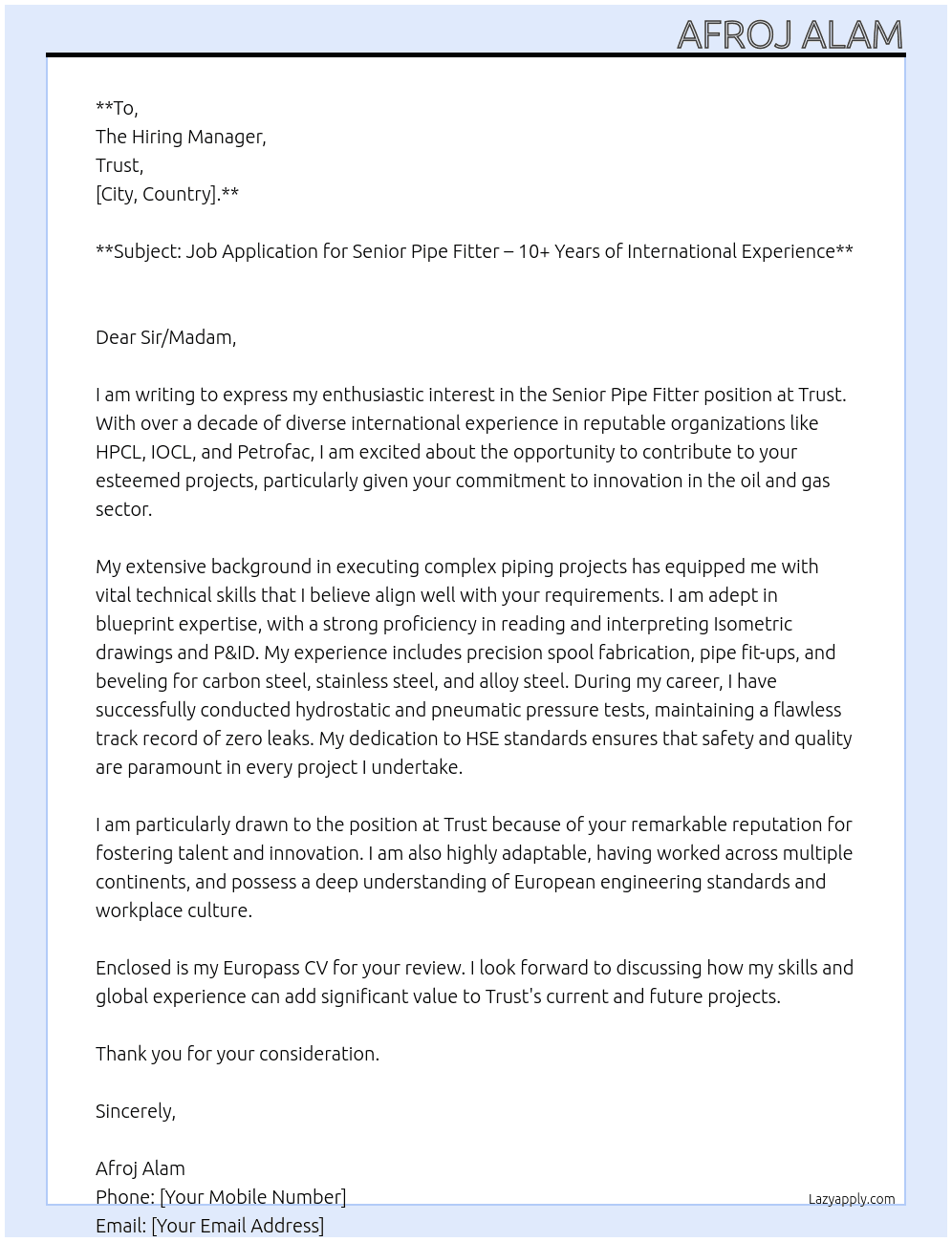 Cover letter for pipe fitter - LazyApply
