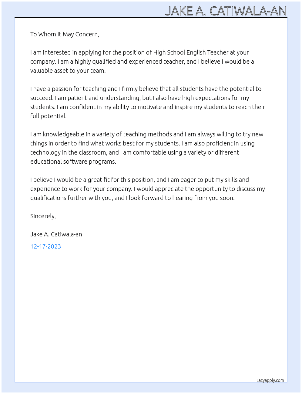High School English Teacher At High School English Teacher Cover Letter
