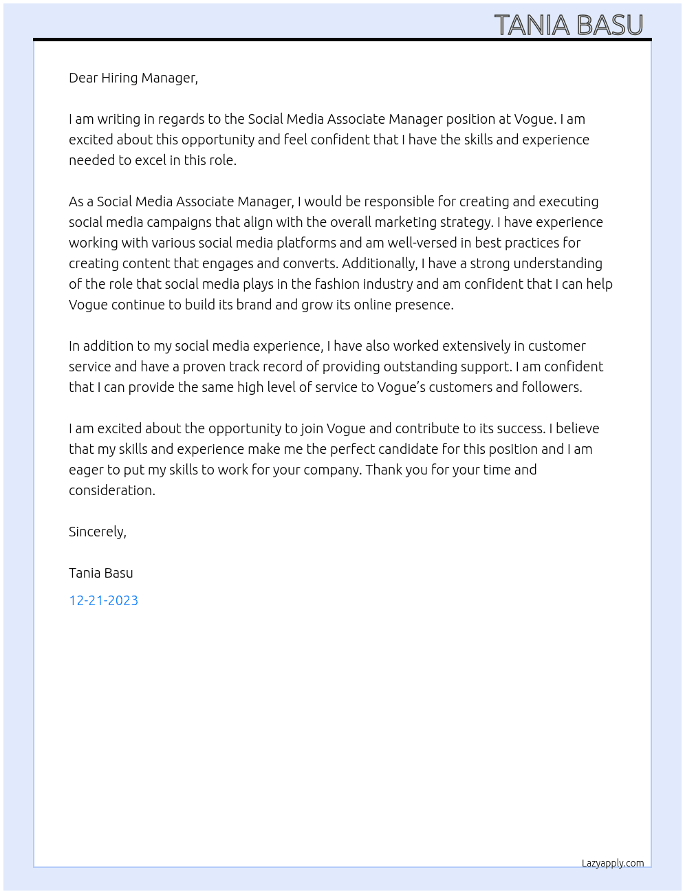social media associate manager  At vogue Cover Letter