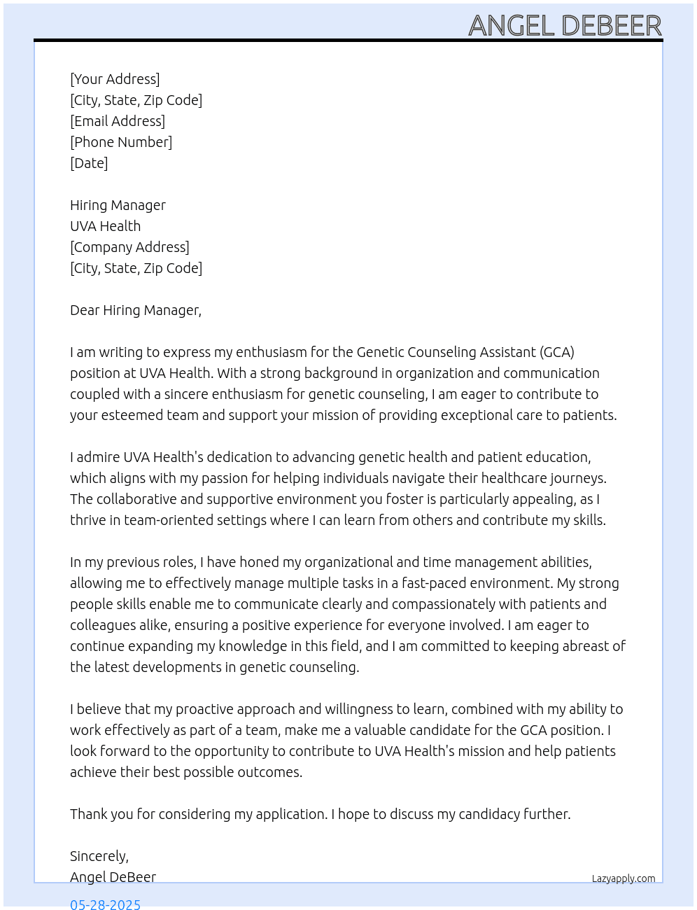 Genetic Counseling Assistant (GCA) At UVA Health Cover Letter