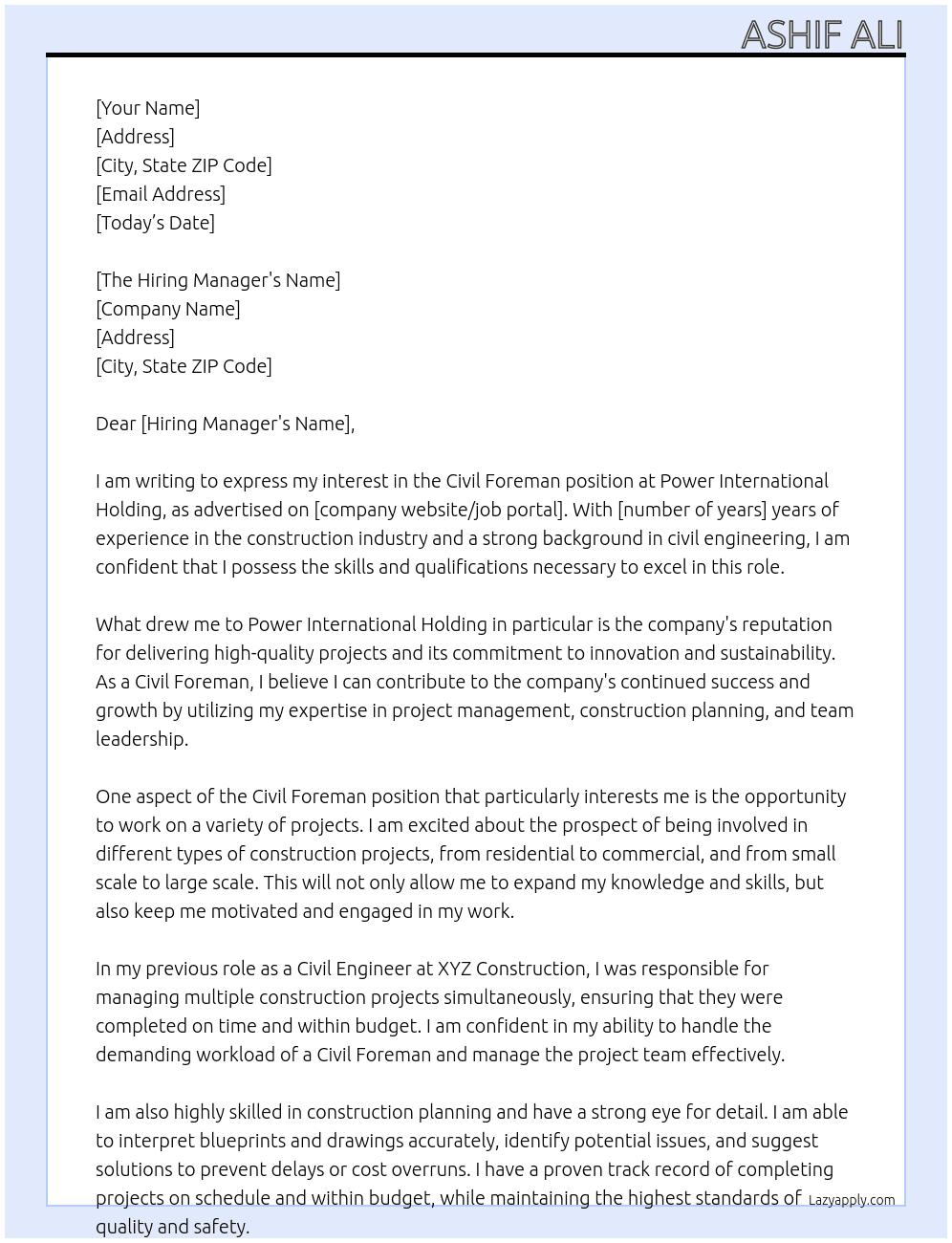 Civil Foreman At Power International Holding Cover Letter