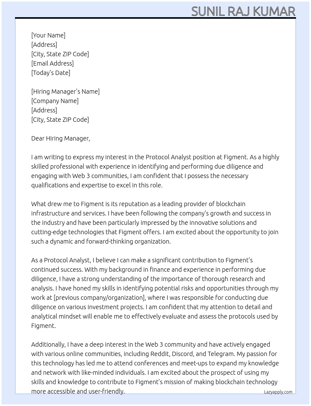 Protocol Analyst At Figment Cover Letter