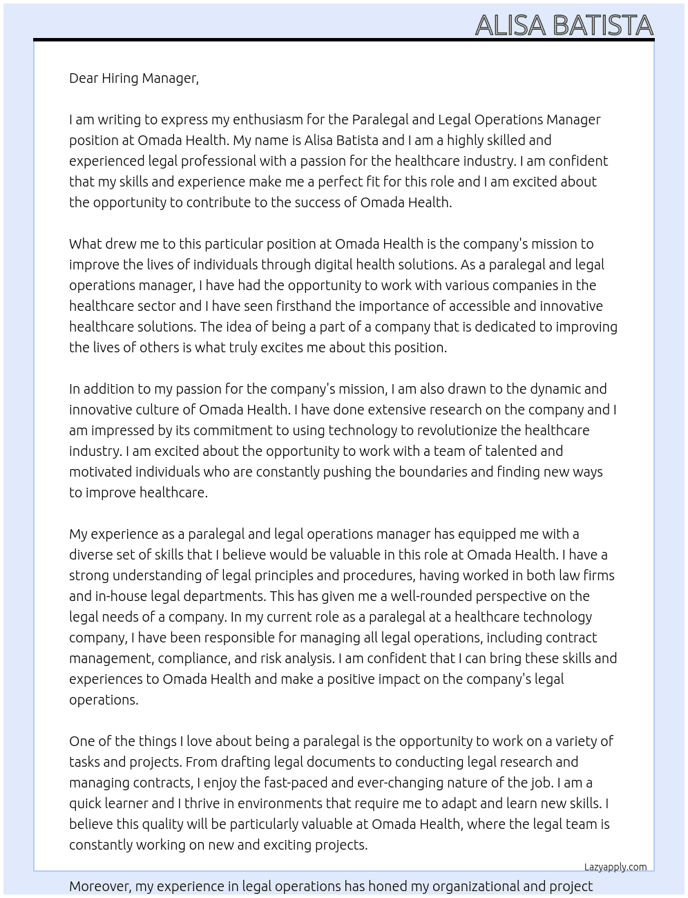 Paralegal and Legal Operations Manager At Omada Health Cover Letter