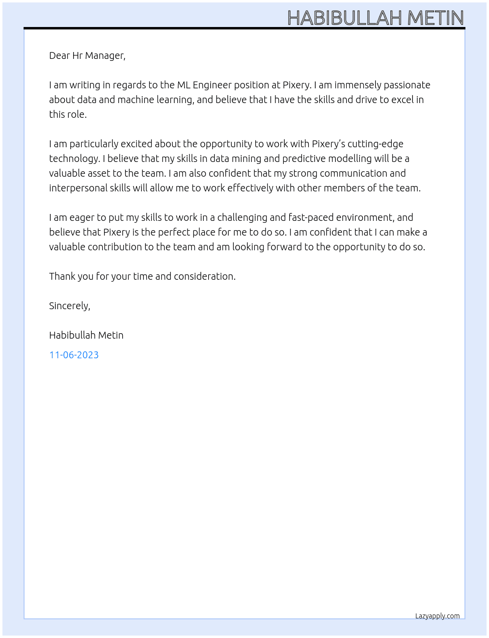 ML Engineer At Pixery Cover Letter