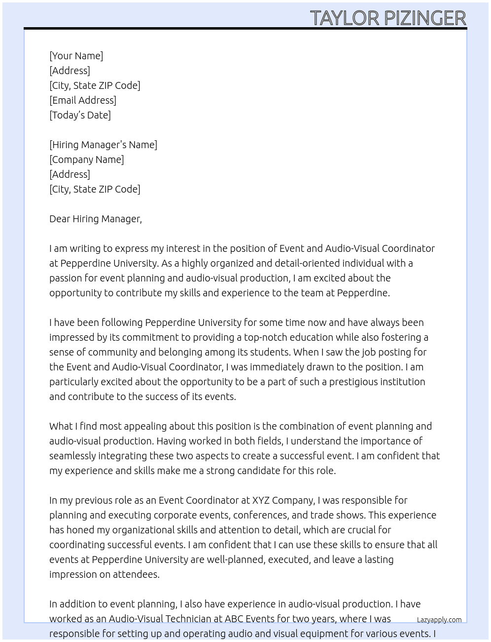 Event and Audio-Visual Coordinator At Pepperdine University Cover Letter