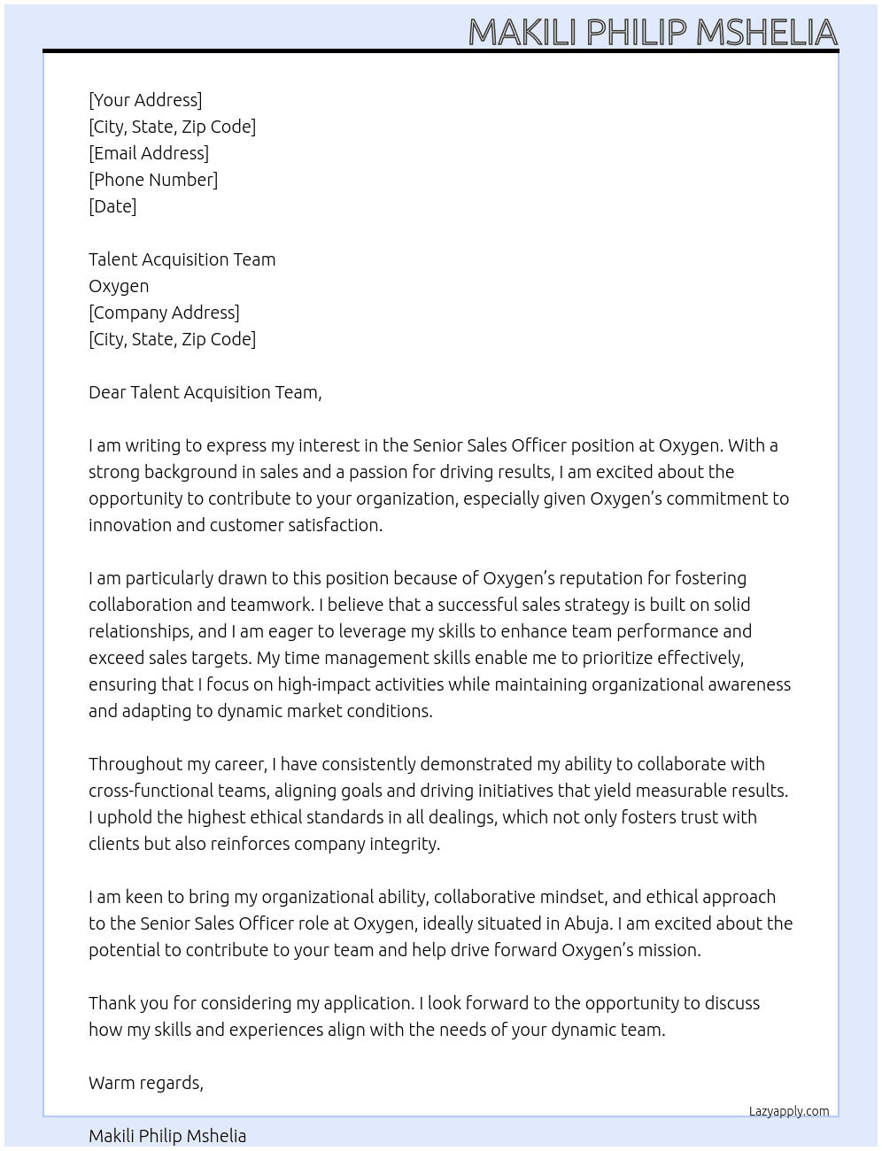 Senior Sales Officer At Oxygen Cover Letter