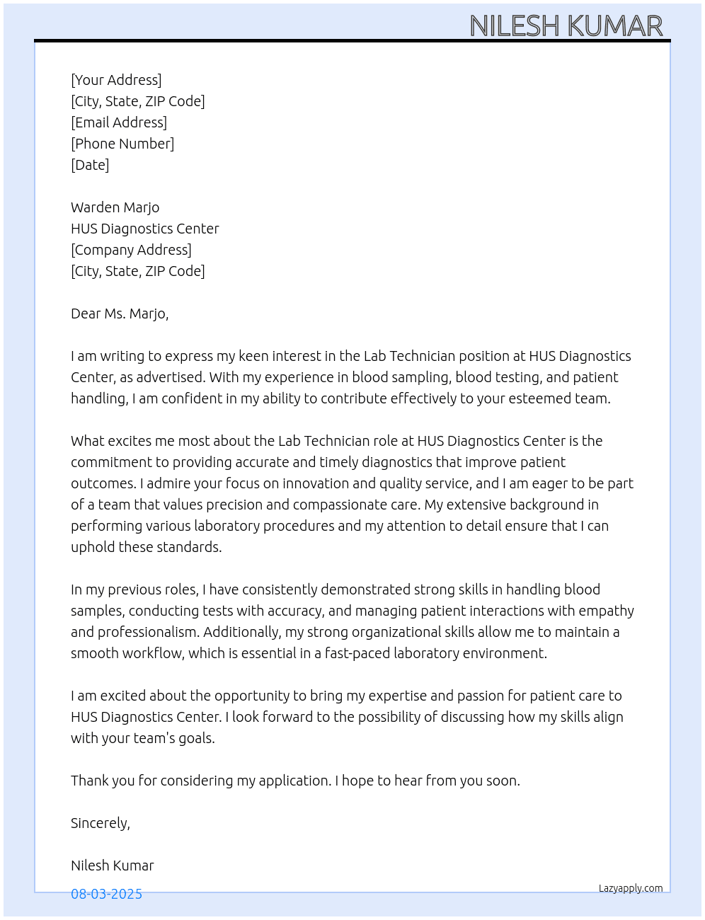Lab technician  At HUS Diagnostics Center Cover Letter