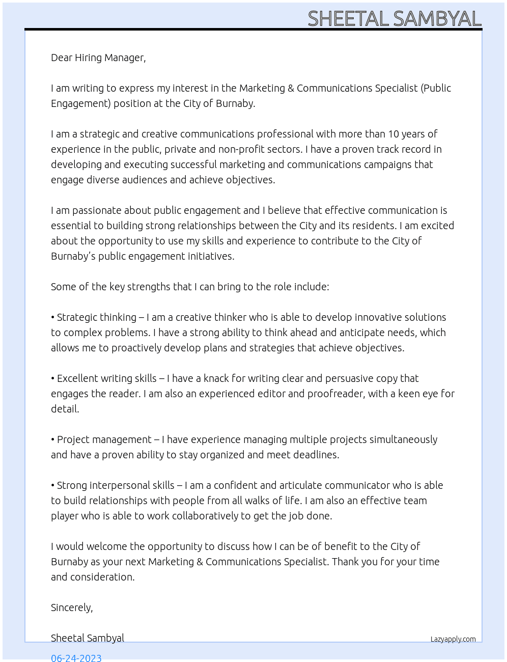Marketing & Communications Specialist (Public Engagement) At City of burnaby Cover Letter