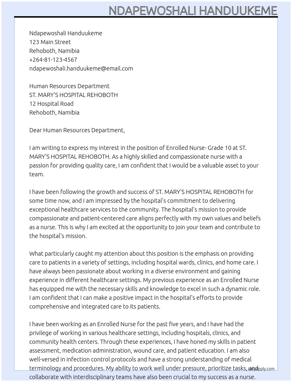 ENROLLED NURSE- GRADE 10 At ST. MARY'S HOSPITAL REHOBOTH Cover Letter